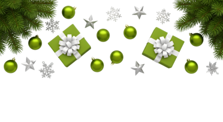 Christmas decoration with green gift boxes, ornaments, snowflakes, and fir branches on a transparent background