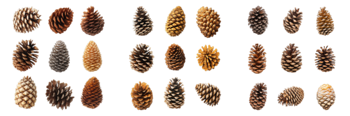 Collection of various pine cones in different shapes and sizes