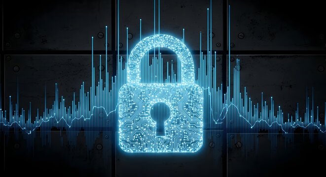 Glowing blue digital padlock symbol representing cybersecurity and data protection in a futuristic network.