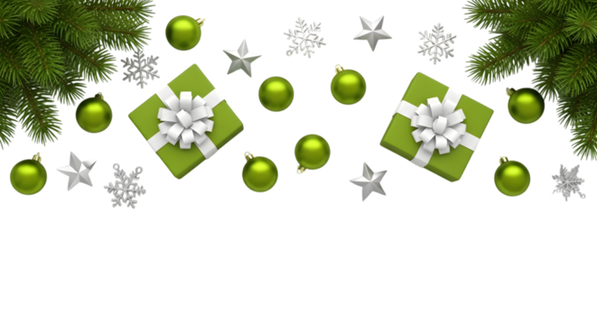 Christmas decoration with green gift boxes, ornaments, snowflakes, and fir branches on a transparent background