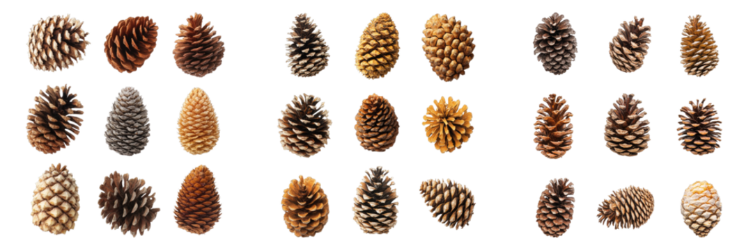 Collection of various pine cones in different shapes and sizes