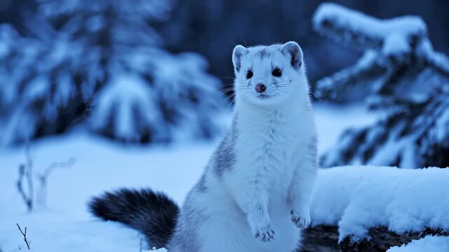 Ermine Standing on Hind Legs in Snow During Winter Season