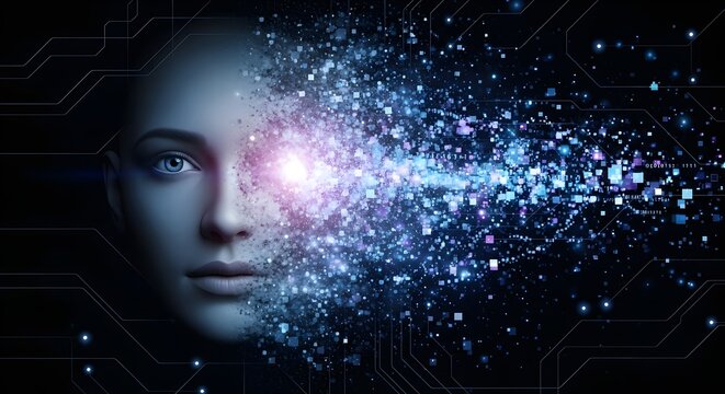 AI Face Dissolving into Data Stream with Circuit Board Lines on Dark Background