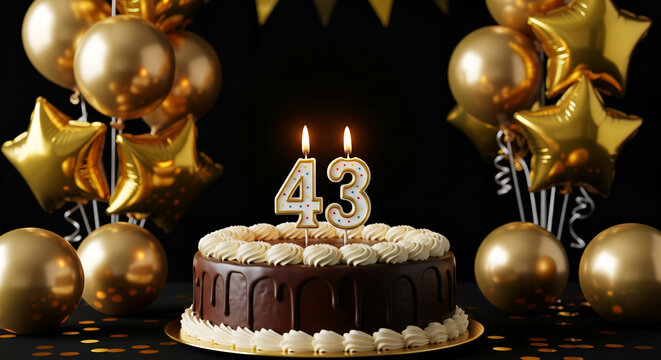 43rd Birthday Celebration: Cake, Balloons, and Golden Decor