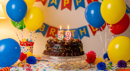 Festive 59th Birthday Cake with Balloons and Decorations