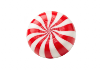 A closeup shot showcases a vibrant red and white striped peppermint candy, , its swirling pattern creating a mesmerizing visual treat isolated on transparent background