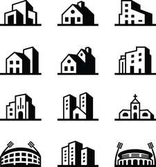 Set of modern residential and commercial building silhouettes, architectural house icons, city urban infrastructure structures, real estate and property design collection