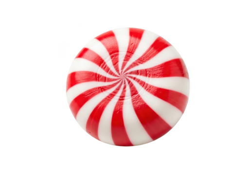 A closeup shot showcases a vibrant red and white striped peppermint candy, , its swirling pattern creating a mesmerizing visual treat isolated on transparent background