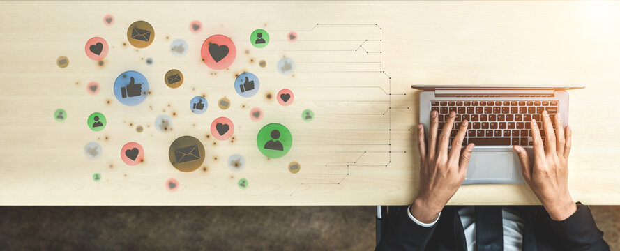 Concept of digital marketing and online communication. A network of user engagement is shown through social media feedback notifications which helps build a strong community. Fermion