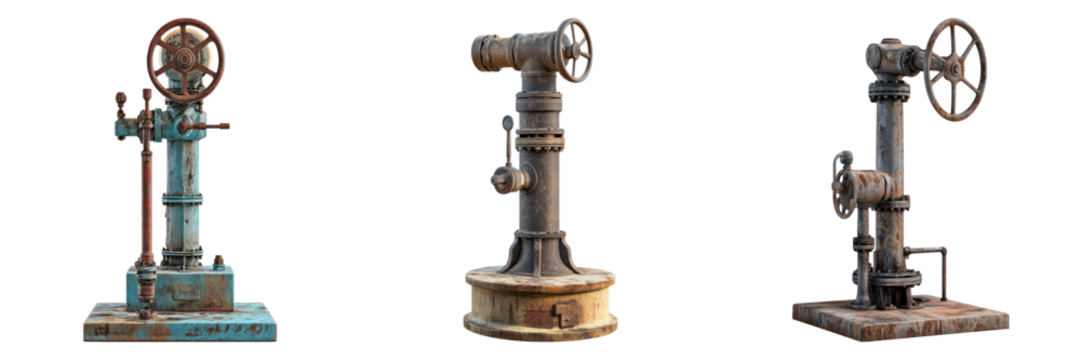 Industrial machinery isolated, showcasing a trio of weathered metal machines