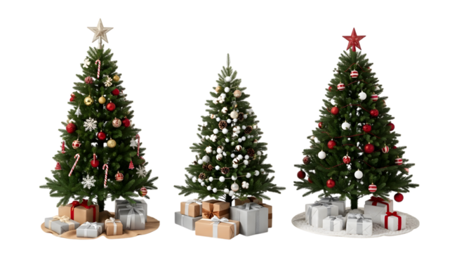 Three decorated christmas trees with presents underneath, isolated on transparent background