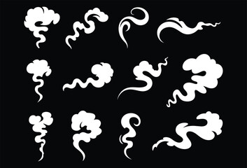 Cartoon smoke cloud collection, vector vapor swirl design, abstract wind and steam illustration, curling smoke shapes, soft vapor effect art, isolated background