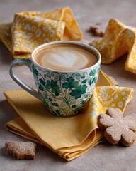A cup of latte with green and white patterns, surrounded by Irish gingerbread cookies in the shape of stars on yellow cloth napkins