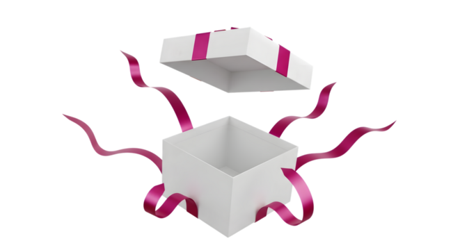 An open white gift box with a pink ribbon and streamers, isolated on transparent background