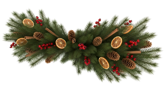 Christmas garland with pine cones, dried orange slices, cinnamon sticks, and red berries, isolated on transparent background