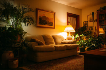 gentle lighting fosters creative comfort, relaxed atmosphere enhanced by textured rugs and vibrant foliage