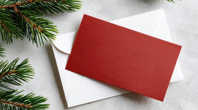 Bright red card rests on a smooth surface with green pine branches and shiny ornaments, creating a holiday atmosphere of celebration