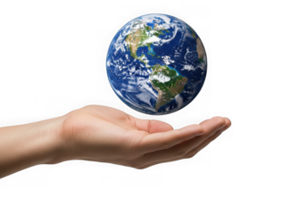 Hand holding the earth on transparent background