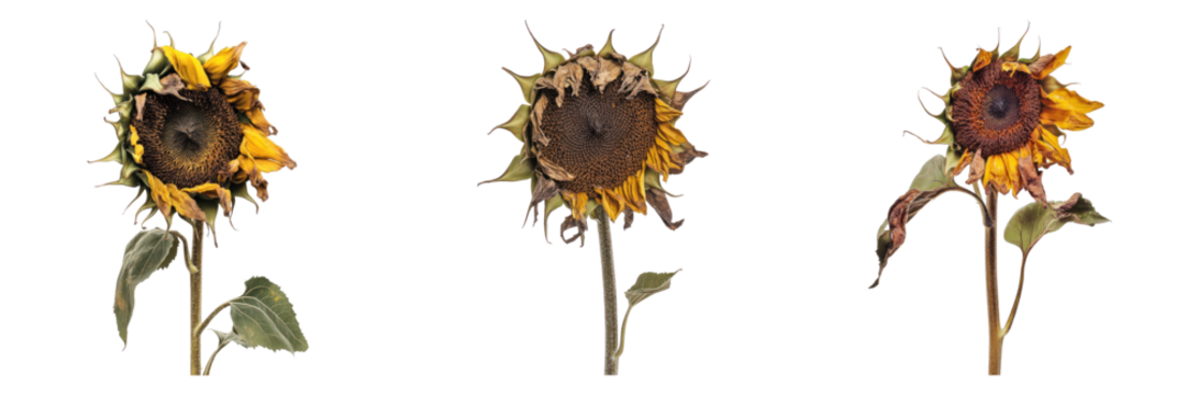 Wilted sunflowers in various stages, representing the cycle of life and the beauty of decay. The image captures the natural process of change