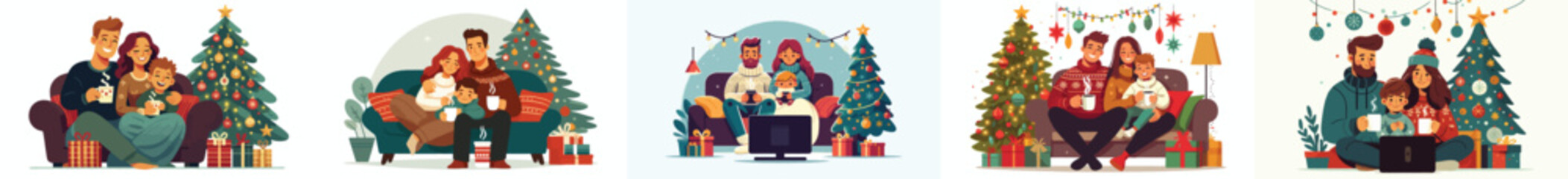 Vector family watching a movie together on Christmas Eve accompanied by a cup of hot chocolate