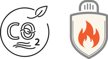 Black Line Carbon Emissions and Orange Fire Shield Icons