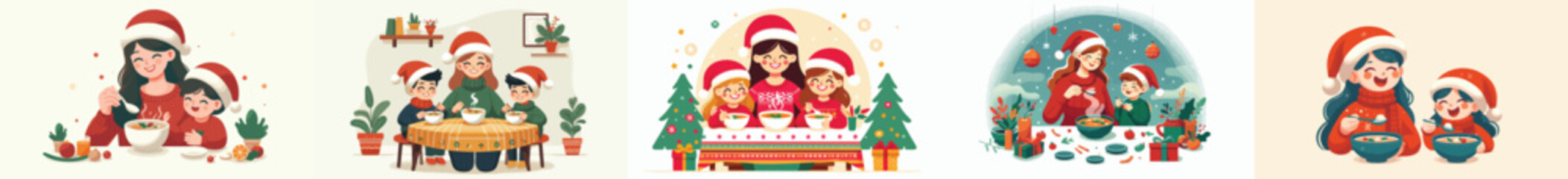 Vector of mother and child eating warm soup on Christmas Eve