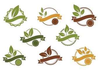 Natural leaf and ribbon emblem collection, organic product logos isolated on white background, Vector
