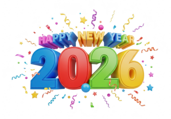 A cheerful 3d rendering of happy new year 2026 with colorful confetti and ribbons, creating a festive and celebratory atmosphere isolated on transparent background