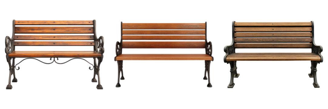 Three elegant park benches displayed with variations of design