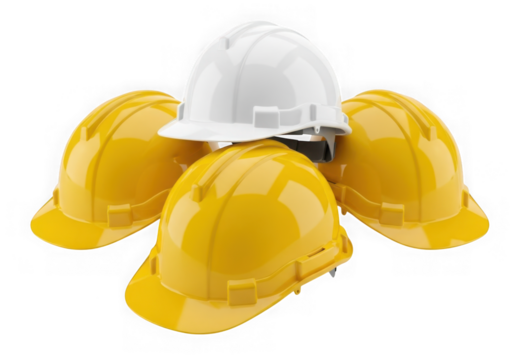 Pile of construction hard hats on transparent background