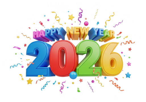 A cheerful 3d rendering of happy new year 2026 with colorful confetti and ribbons, creating a festive and celebratory atmosphere isolated on transparent background - Powered by Adobe
