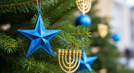 Blue star and gold menorah ornaments on Christmas tree branches  