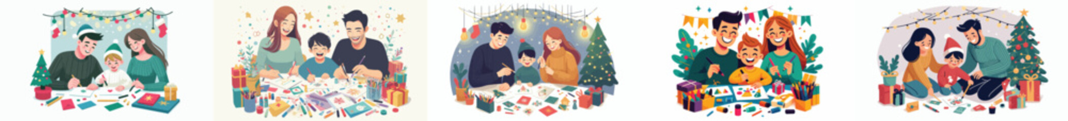 family vector making Christmas greeting cards together
