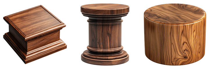 Three intricately carved wooden pedestals of various shapes and sizes, showcasing the artistry of woodworking