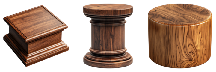 Three intricately carved wooden pedestals of various shapes and sizes, showcasing the artistry of woodworking