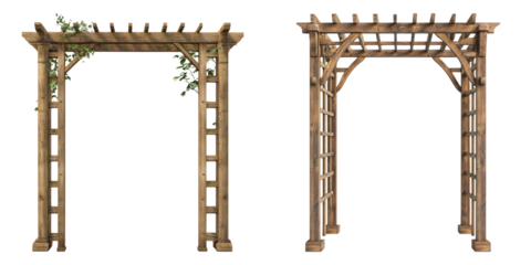 Two beautiful wooden garden arbors, one decorated with plants, showcasing architectural beauty