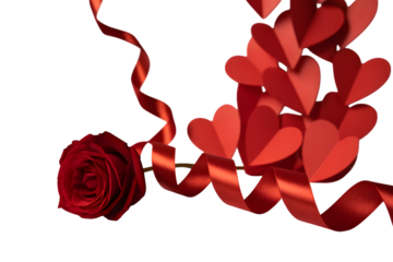 A single red rose with a red ribbon and paper hearts