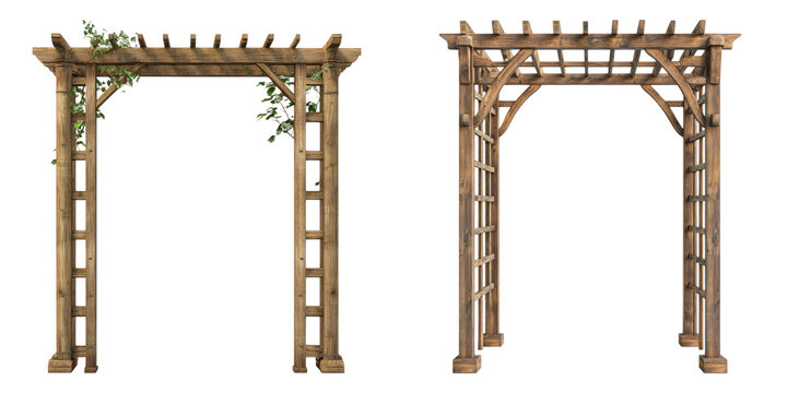 Two beautiful wooden garden arbors, one decorated with plants, showcasing architectural beauty