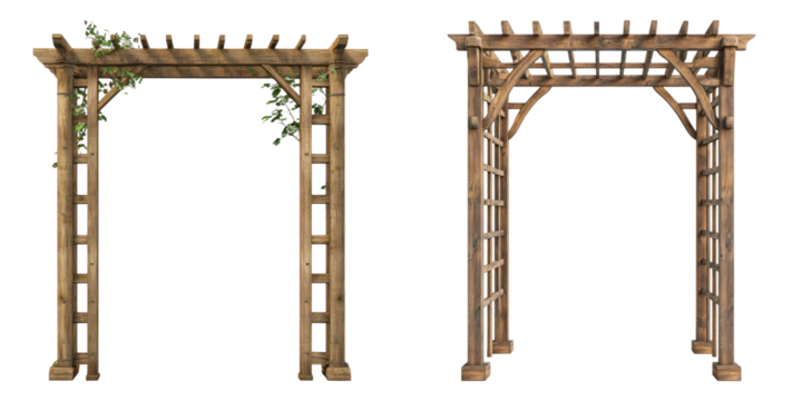 Two beautiful wooden garden arbors, one decorated with plants, showcasing architectural beauty