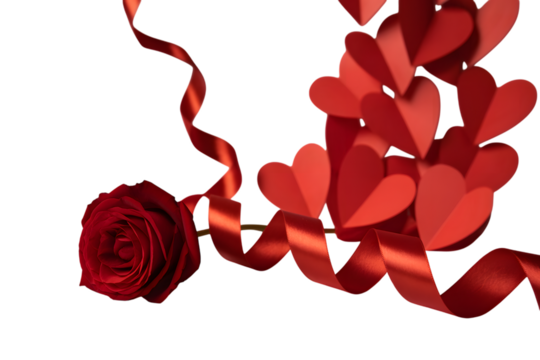 A single red rose with a red ribbon and paper hearts
