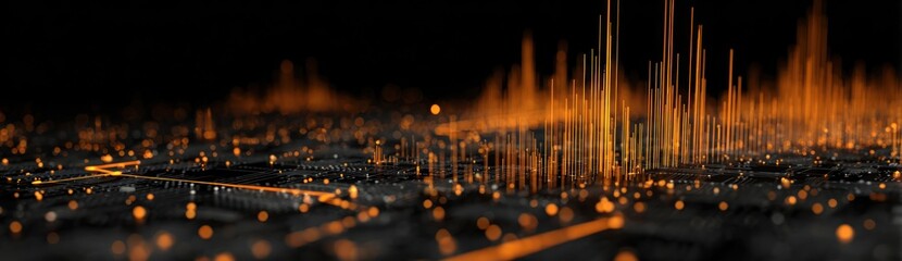 Abstract digital data visualization with glowing orange light spikes on black surface.