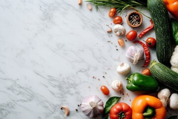 Fresh vegetables and spices arranged on a white marble surface.