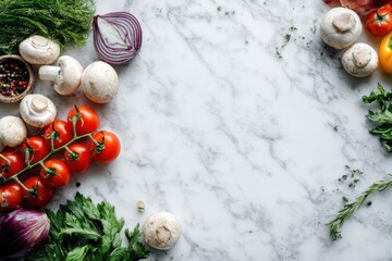 Fresh vegetables and herbs arranged on a white marble surface.