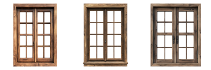 A collection of three classic wooden windows set against a clean backdrop, featuring detailed frames and divided panes. Each window offers a glimpse into a world of timeless design