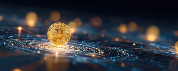 Glowing golden cryptocurrency coin on abstract digital light trails background