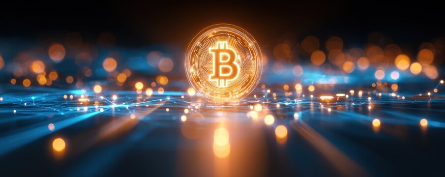 Glowing cryptocurrency coin floats above digital network with bokeh lights.