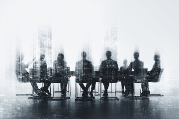 Silhouettes of business people meeting overlaid with city data visualization.