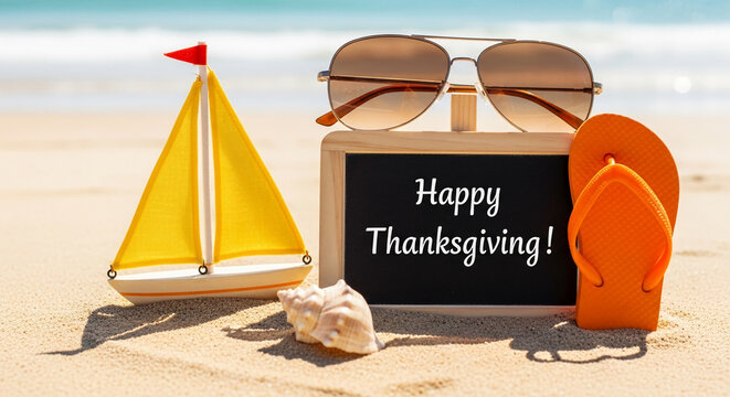 Beach scene with sailboat, shell, flip-flop, sunglass, and blackboard reading "Happy Thanksgiving", representing holiday and travel concept