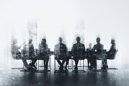 Silhouettes of business people meeting overlaid with city data visualization.