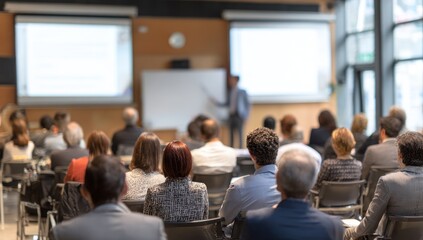 Audience views speaker presenting in brightly lit conference room setting